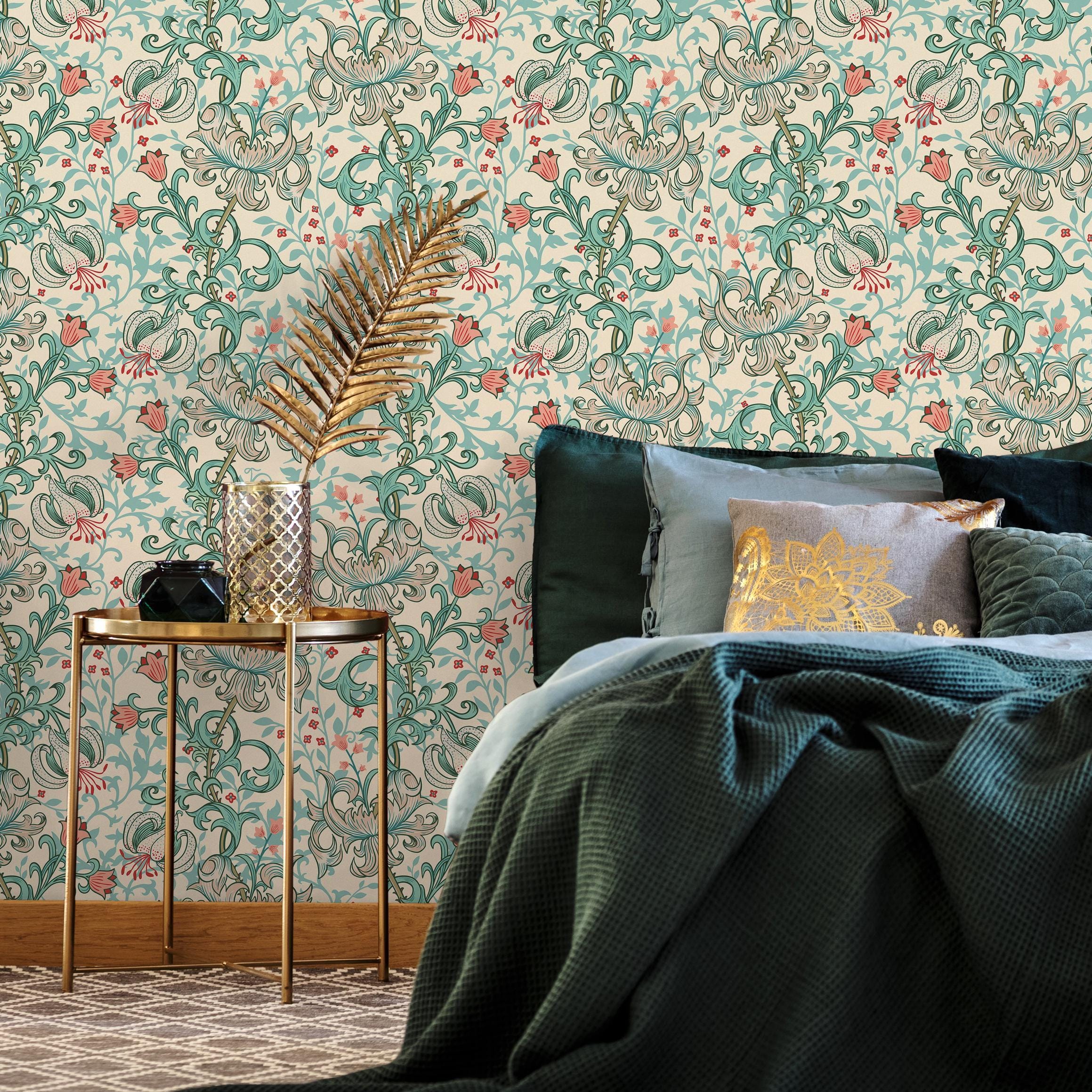 Morris Golden Lily Teal Coral Art Nouveau Wallpaper - D057 - Etsy
