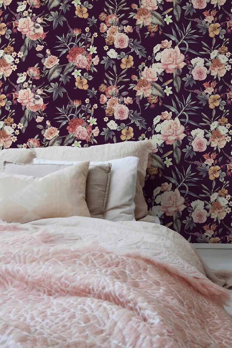 Dark Floral Peel and Stick Wallpaper Adhesive Wallpaper Floral | Etsy
