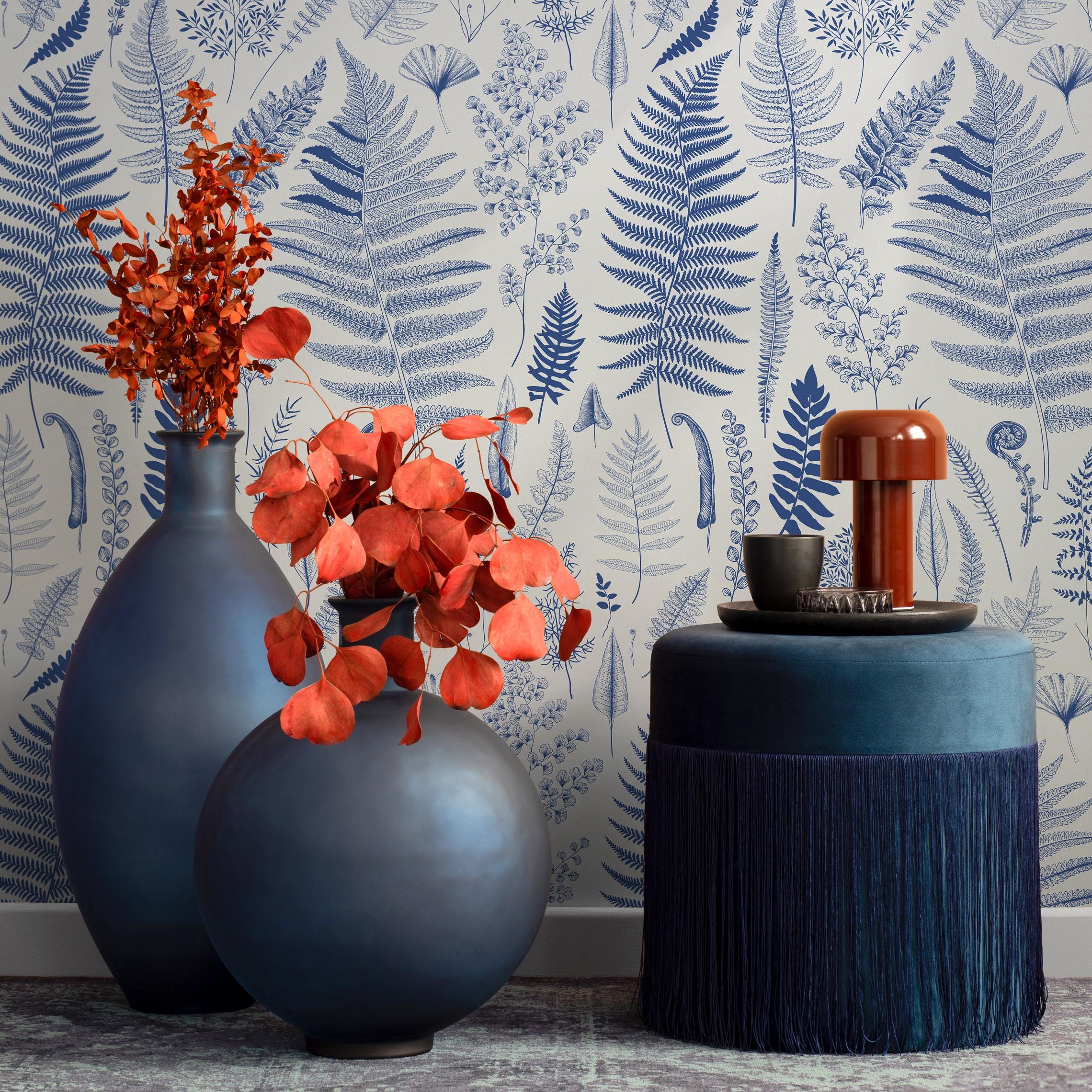 Blue Fern Botanical Nature Drawing Wallpaper - D067