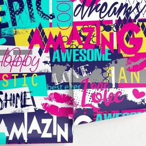 May include: A colorful collage of words and phrases, including "epic", "cool", "dreams", "amazing", "awesome", "happy", "love", "one", "best ever", and "shine". The background is a dark blue with white and yellow accents.