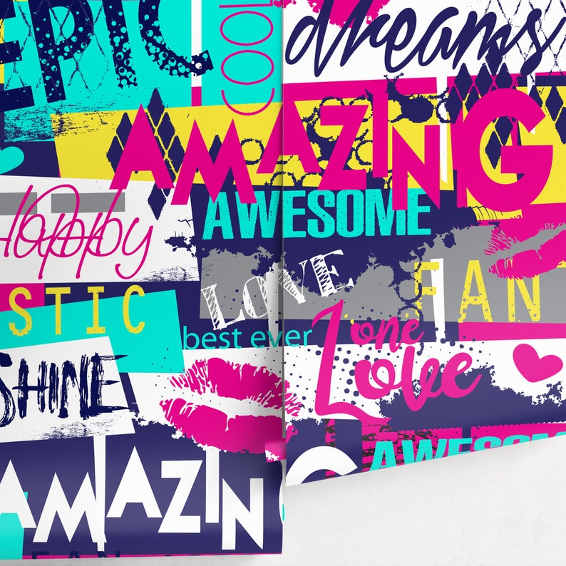 May include: A colorful collage of words and phrases, including "epic", "cool", "dreams", "amazing", "awesome", "happy", "love", "one", "best ever", and "shine". The background is a dark blue with white and yellow accents.