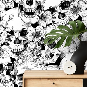 Skull Wallpaper Gothic Dark Black Silver Goth Cool Black Feature Wall 10  Styles | eBay