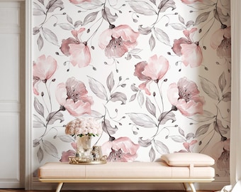 Floral Wallpaper Featuring Delicate Watercolor Blossoms in Pink and Gray - A477