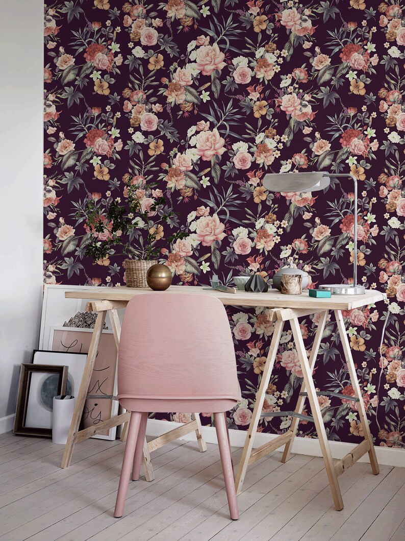 Dark Floral Peel and Stick Wallpaper Adhesive Wallpaper Floral | Etsy