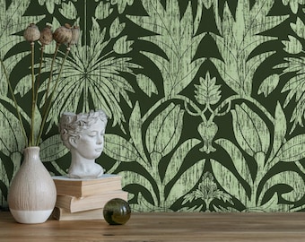 Carta da parati floreale Art Nouveau con damasco anticato in verde scuro e verde chiaro - X173