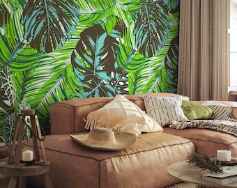 Tropical Wallpaper in Green, Blue, and Brown on Cream - Peel and Stick - B104