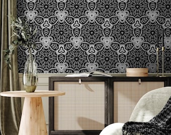 Damask Wallpaper with an Intricate Lace Motif in Black and White - X078