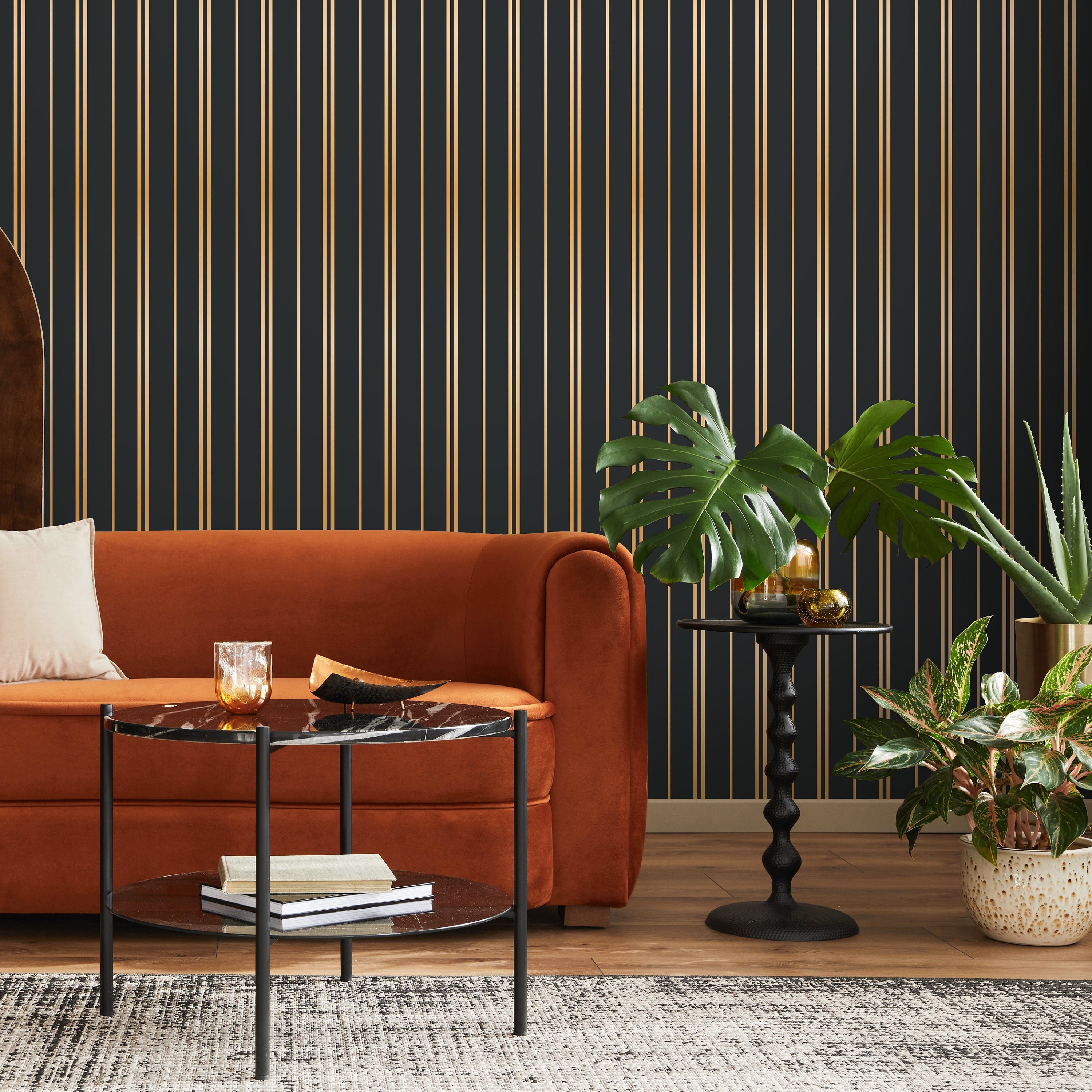 Gold and Green Striped Wallpaper Peel and Stick and Traditional