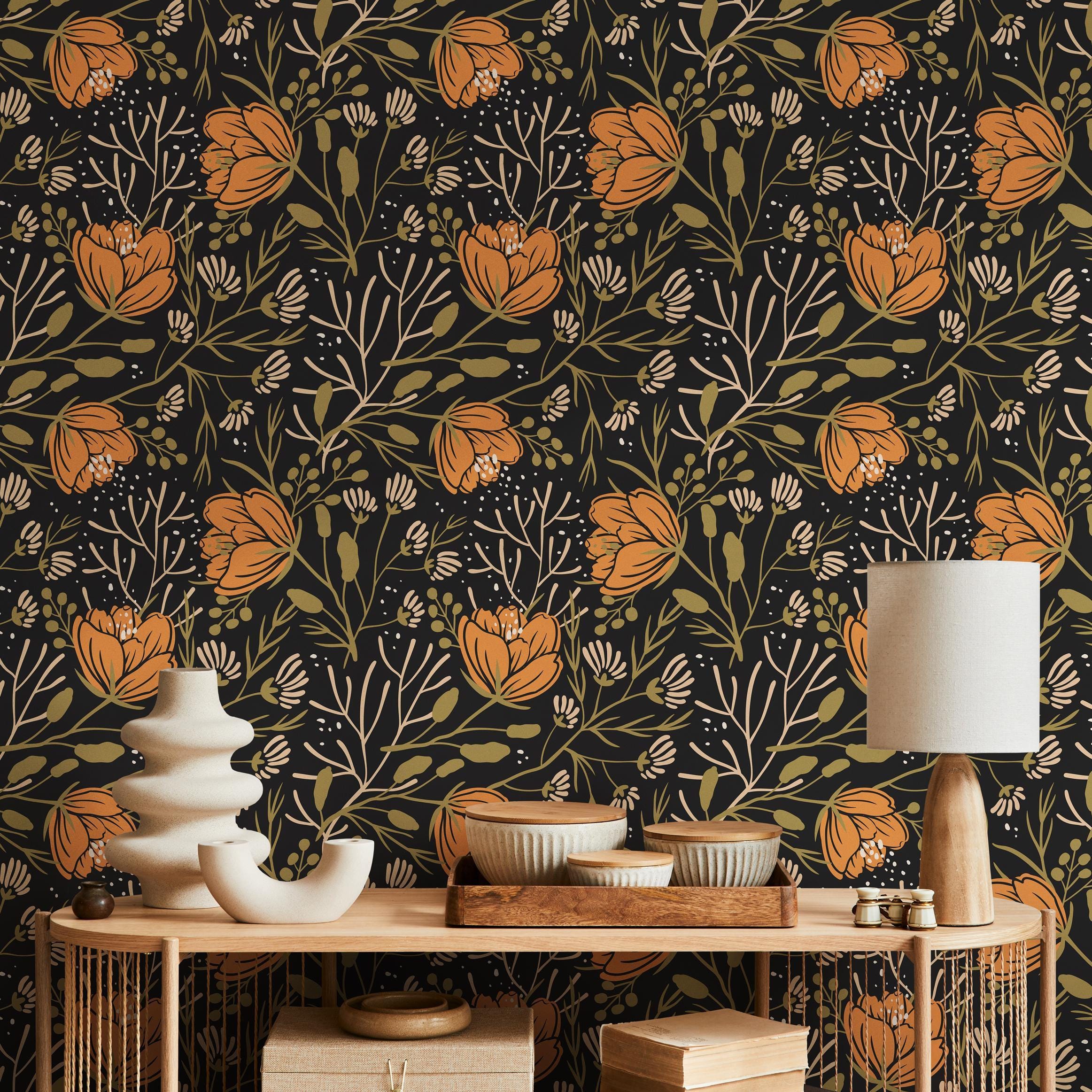 Botanical Wallpaper With Vintage Orange Blooms in Black and Olive Green ...