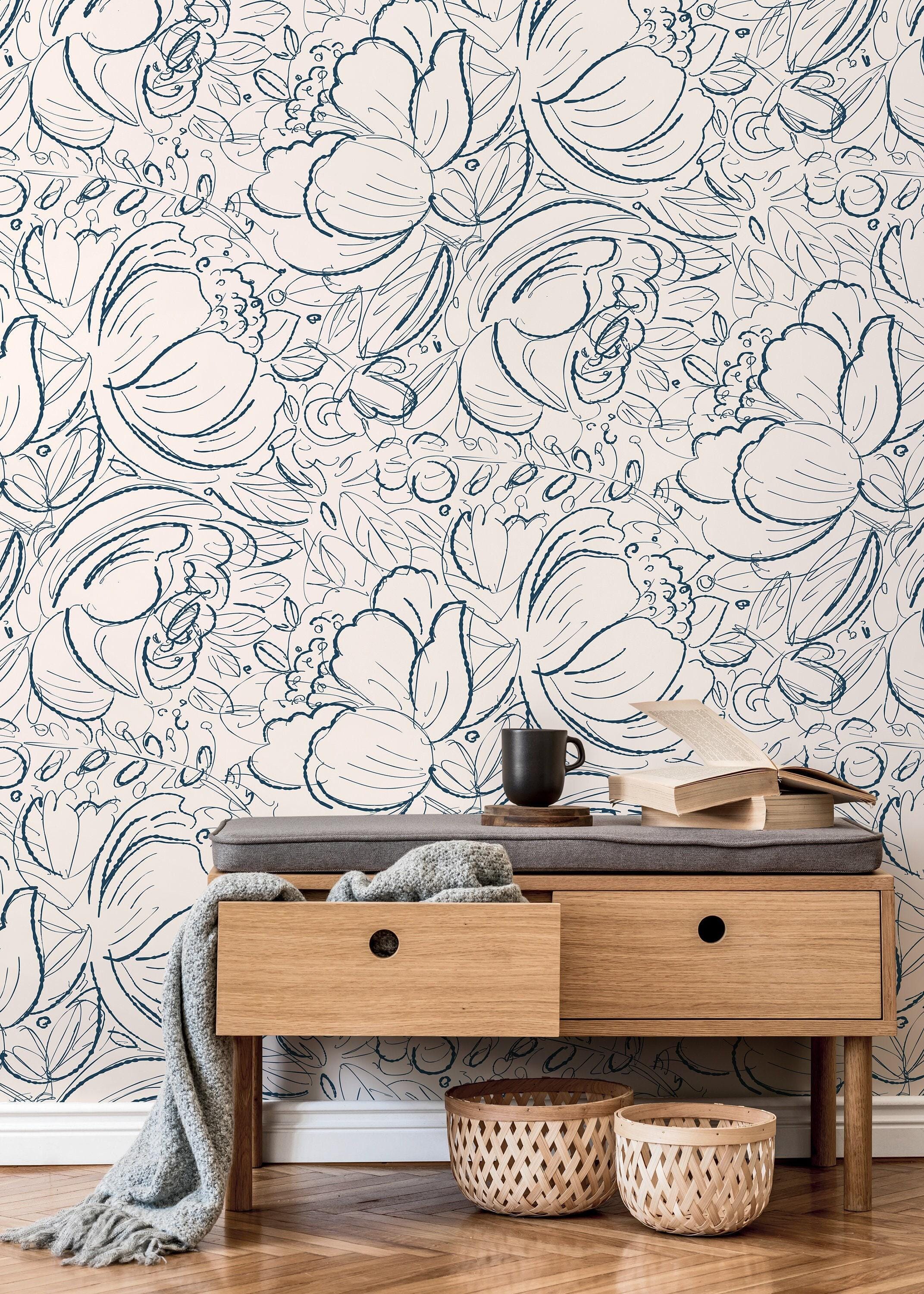 Navy Sketchy Floral Outline Modern Wallpaper - D054