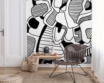 Abstract Wallpaper with Bold Graphic Lines in Black and White - X144