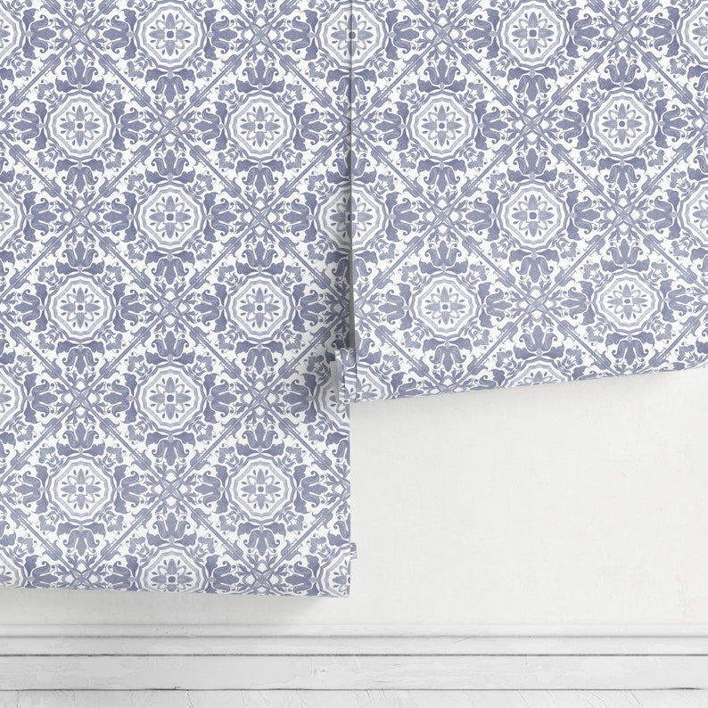 Wallpaper Peel and Stick Wallpaper Removable Wallpaper Home Decor Wall Art Wall Decor Room Decor / Blue Vintage Tile Wallpaper A110 image 5