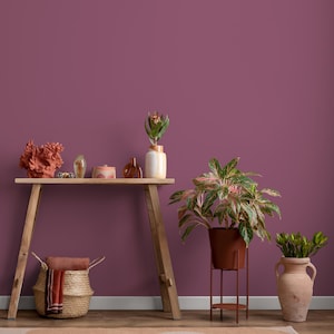 May include: A wooden console table with various decorative items, such as a coral sculpture and vases. A woven basket with a blanket sits below. A potted plant on a metal stand and a terracotta vase with greenery are also present. The background is a plum colour.