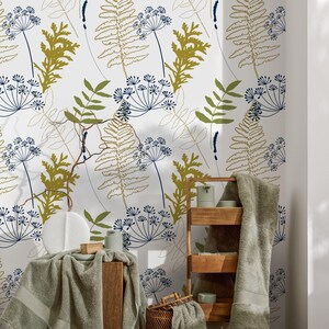 Botanical Wallpaper with Ferns and Wildflowers in Blue and Green - A870