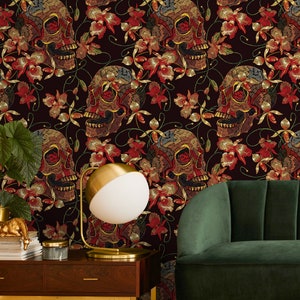 Floral Skull Wallpaper Red and Black Wallpaper Peel and Stick and Traditional Wallpaper D896 image 5