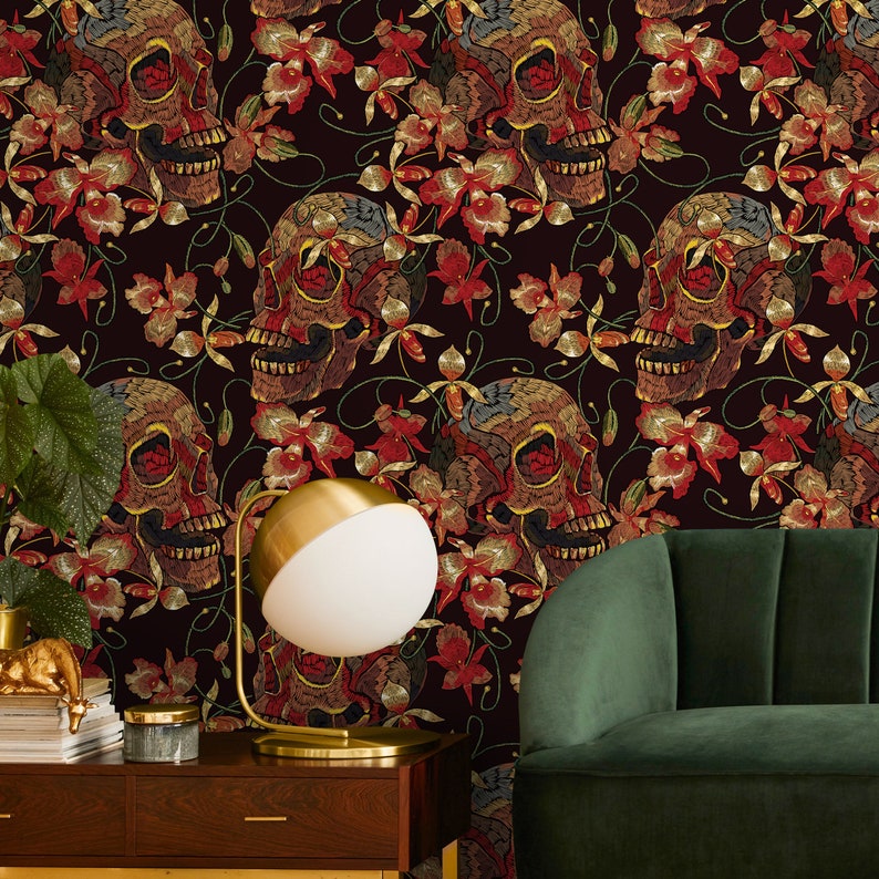 Floral Skull Wallpaper Red and Black Wallpaper Peel and Stick and Traditional Wallpaper D896 image 5