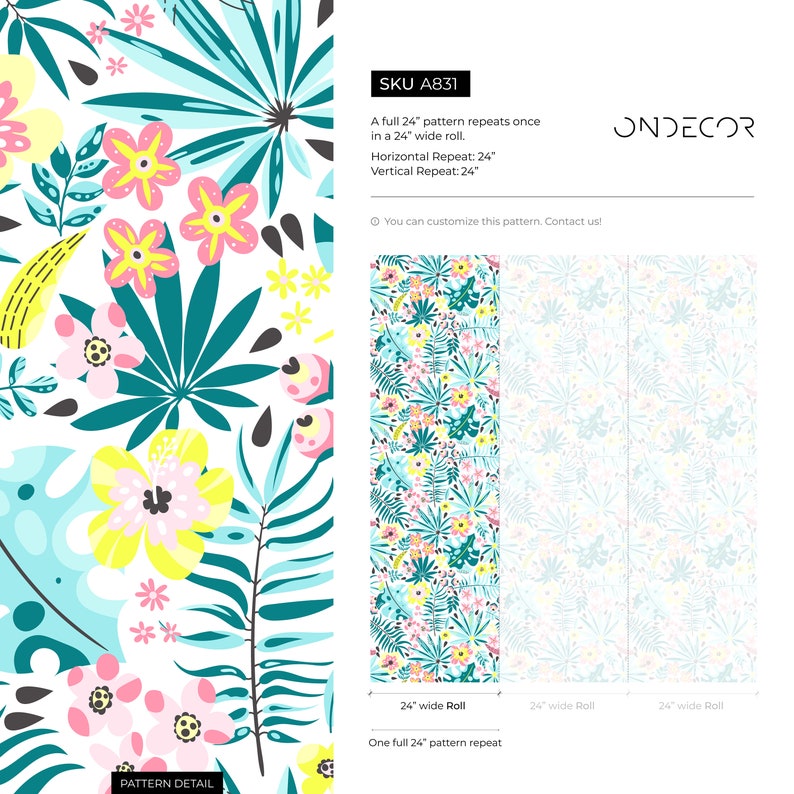 K&ouml;nnte beinhalten: Ein tropisches Blumenmuster mit rosa, gelben und blauen Bl&uuml;ten und gr&uuml;nen Bl&auml;ttern auf wei&szlig;em Hintergrund. Das Muster wiederholt sich einmal in einer 61 cm breiten Rolle. Das Muster ist anpassbar. SKU A831. ONDECOR.