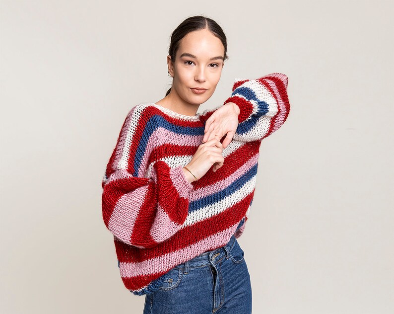 Cropped sweater Oversized sweater Chunky knit sweater for women Oversized sweatshirt Rainbow sweater Striped multicolor sweater