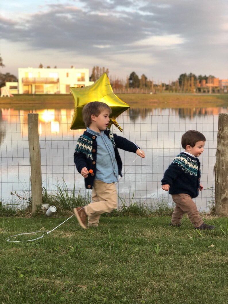 Matching Boys wool coat Wool Fair isle sweater icelndic sweater blue baby sweater,vintage kids,Toddler chunky knit cozy kids cardigan