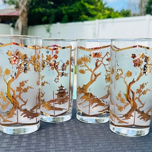 Mid-century Gold Gilt & White Asian Inspired  Highball Tumblers (4) 1960s