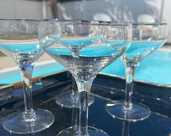 Vintage Art Deco Coupe Glasses with Silver Gold Trim (Set of 4)