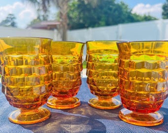 1970s Indiana Glass Whitehall Cubist Amber Footed Juice Glasses, Set of 4
