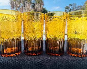 Anthropologie Fleur de Lis Amber Tumbler Ice Tea Highball Tumblers, Set of 4, Portugal