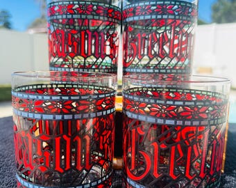 Vasos con texto "Houze Seasons Greetings DOF", década de 1970, juego de 4