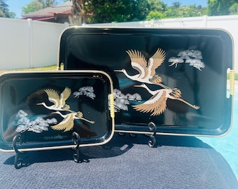 Mid-century Otagiri Japanese Black Lacquer Ware Pelican Bird Serving Trays, Set of 2, Japan