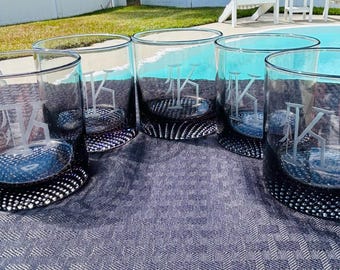 Smokey Gray Mid-century Etched Monogram “K” Rocks Glasses, Set of 5