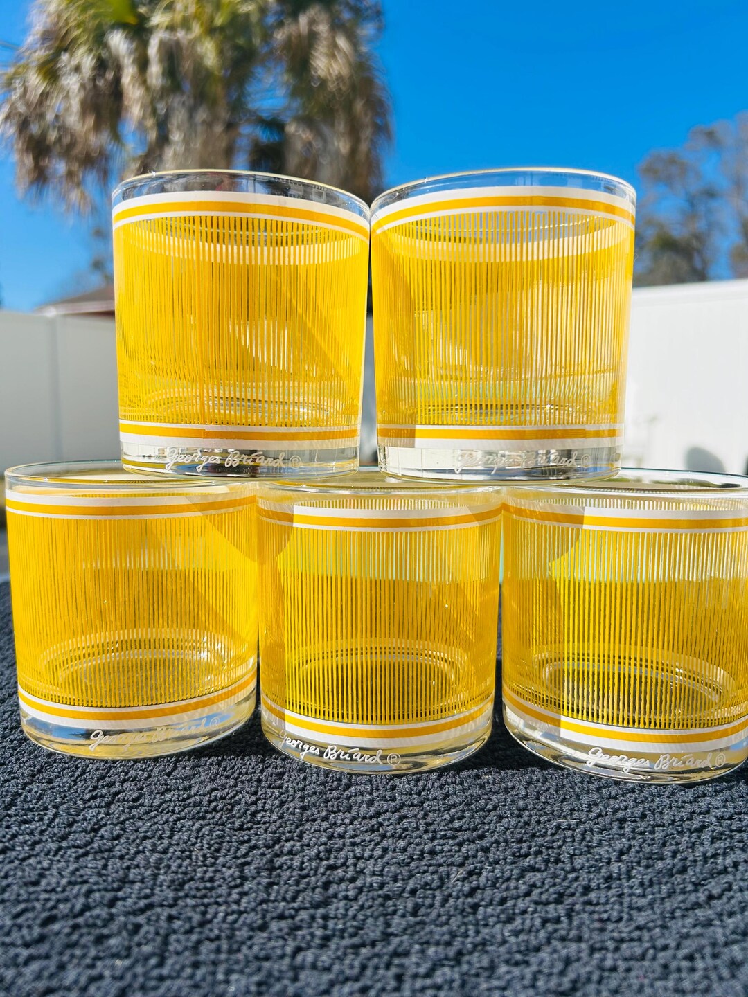 Mid-century Yellow White Icicles Low Ball Rocks Glasses, Designed and ...