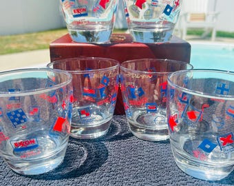 Mid-century Exxon Gas Nautical Signal Flag Rocks Glasses, Set of 6, Original Box