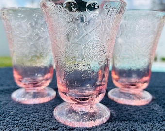 Pink Depression Glass, Hazel-Atlas Florentine Pattern Footed Cordial Sipper Glasses, Set of 3