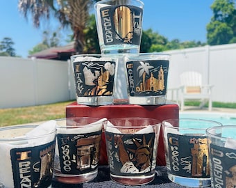 Vasos de whisky Libbey TWA Destinations de mediados de siglo, juego de 8, caja original.