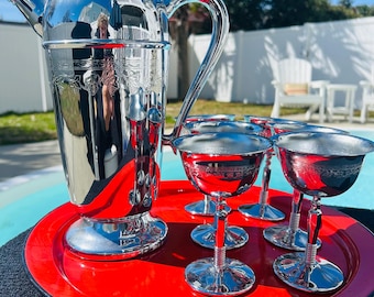 Shaker à cocktail Art Déco vintage chromé et lot de 6 coupes Speakeasy Bar