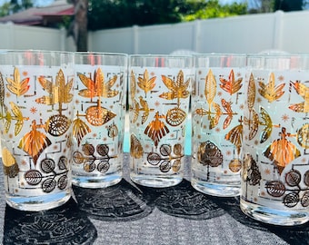 Mid-century Fan & Leaf Highball Glasses made by Lotus, Set of 5