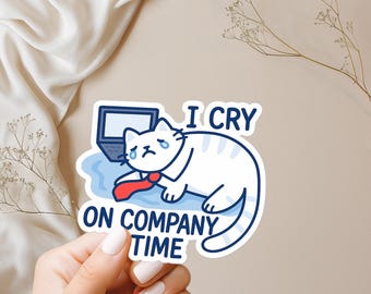 Pegatina de gato llorando en el trabajo: vinilo brillante para portátil
