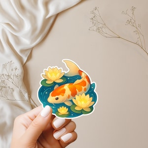Koi Fish Pond Sticker | Japanese Vinyl Die Cut with Water Lilies & Golden Orange Details | Nature, Zen, Cottagecore Aesthetic