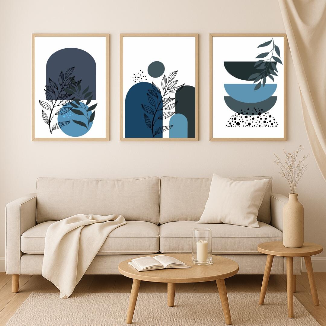 Blue Botanical Print Set: Minimalist Leaf Art, Boho Home Decor (digital ...