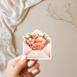 Pegatina de sobre floral / Pegatina de vinilo con ramo en sobre / Troquelado brillante / Estética de carta de amor / Portátil / Diario / Planificador / Etiqueta de regalo