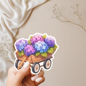 Naklejka na wózek z kwiatami hortensji | Wykrojnik z winylu Pastel Floral Wagon | Błyszcząca naklejka ogrodowa | Laptop | Planer | Dziennik | Prezent Cottagecore