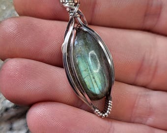 Sterling Silver And Blue Flash Marquis Labradorite Pendant Necklace