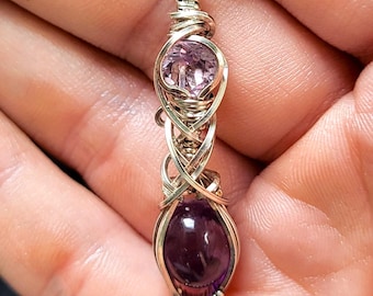 Double Amethyst cabochon and faceted gemstone wirewrapped pendant