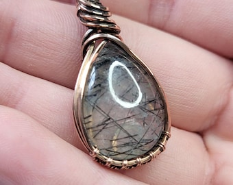Rutilated Quartz in Shiny Polished Copper Pendant