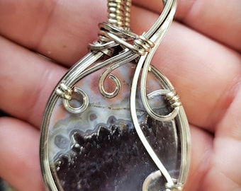 Multicolored agate stone in silver plated copper wire pendant statement piece
