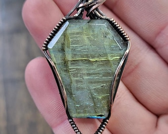 Coffin Shaped Blue Flash Labradorite in Polished Copper Wire Wrapping