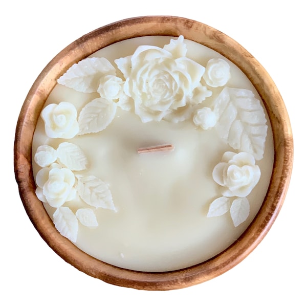 White ~ Ivory ~ Flower ~ Rose Crackling Wood Wick Wooden Bowl Candle ~ Organic Beeswax Choice Essential Oil Infusion FREE SHIPPING