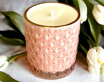 Luxury 5 oz Beeswax Candle | Rose Pink Embossed French Cut Glass | Cotton Wick