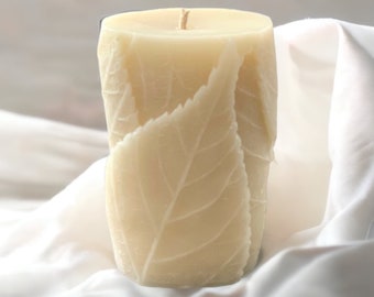 Leaf ORGANIC WHITE Large Beeswax Pillar Candle FREE Shipping