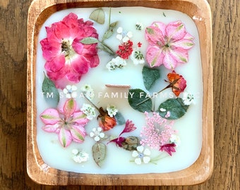 Botanical Beeswax Wood Bowl Candle: Crackling Wood Wick, Essential Oil Infusion ~ Pink